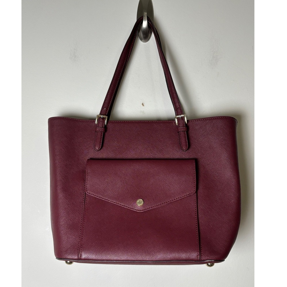 Michael Kors Tote Bag Medium Burgundy Saffiano Leather Front Pocket Shoulder Bag